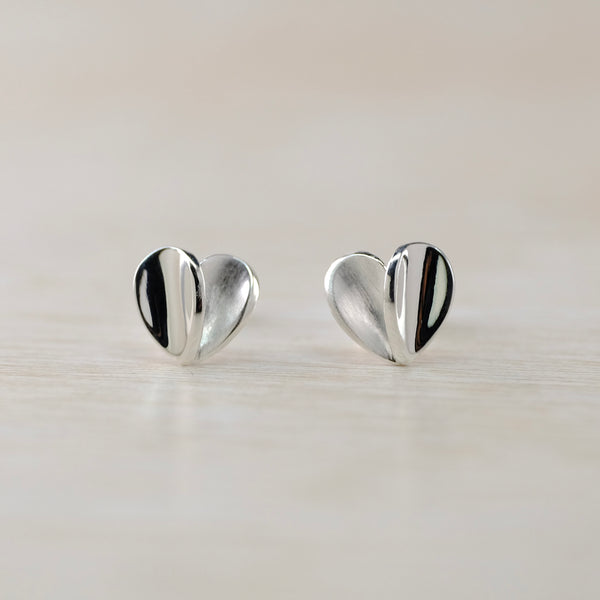 Satin and Polished Silver Heart Stud Earrings by JB Designs.