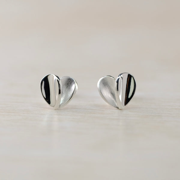 Satin and Polished Silver Heart Stud Earrings by JB Designs.