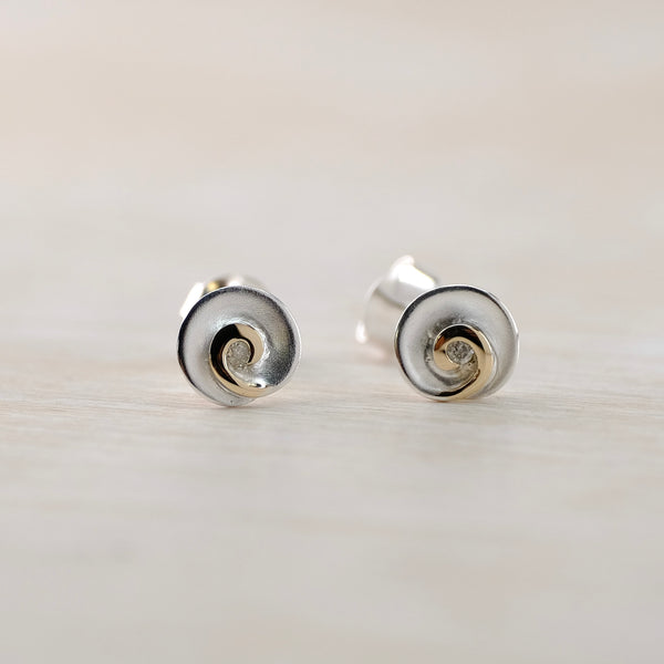 Satin Silver, 9ct Gold and Diamond Stud Earrings by JB Designs.