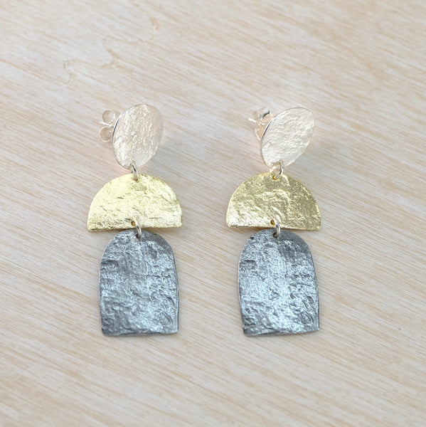 Triple Drop Sterling Silver and Gold Plated Disc Earrings by JB Designs.