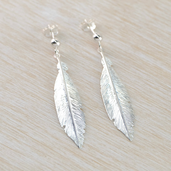 Handmade Long Blue Feather Dangle Earrings With Solid Silver 925 Hooks