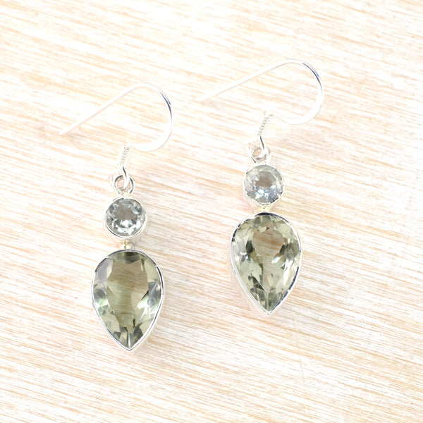Sterling Silver and Green Amethyst Two Stone Drop Earrings.