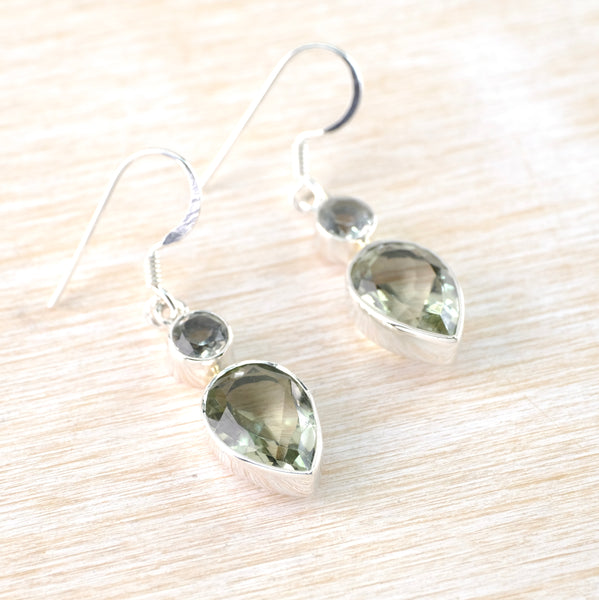 Sterling Silver and Green Amethyst Two Stone Drop Earrings.