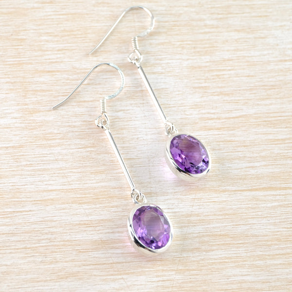 Sterling Silver Long Stem and Amethyst Drop Earrings.