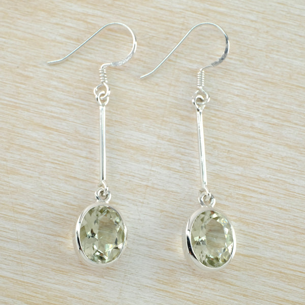 Long Dangly Silver and Green Amethyst Drop Earrings.