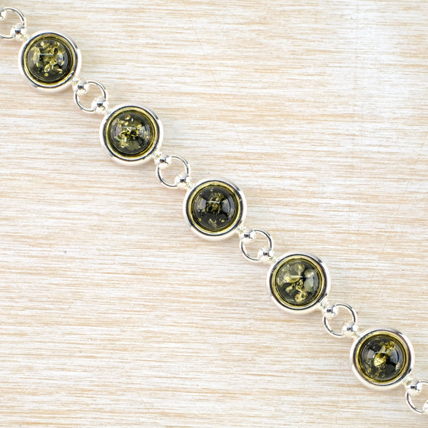Classic Silver and Round Green Amber Bracelet.