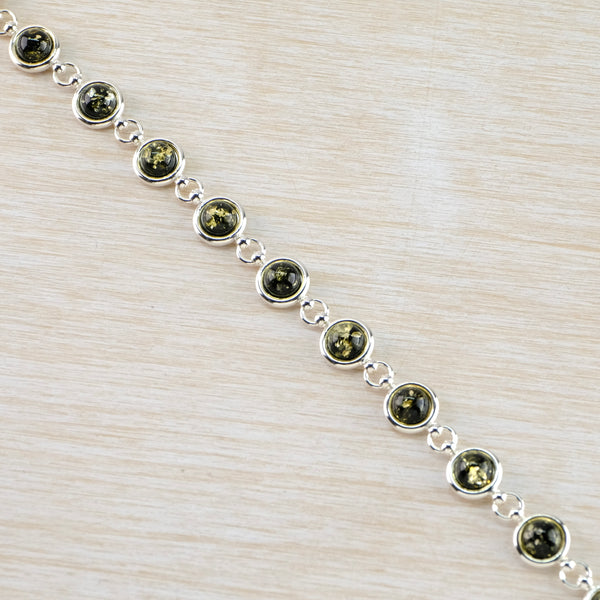 Classic Silver and Round Green Amber Bracelet.