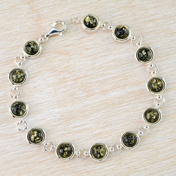 Classic Silver and Round Green Amber Bracelet.