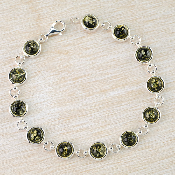 Classic Silver and Round Green Amber Bracelet.