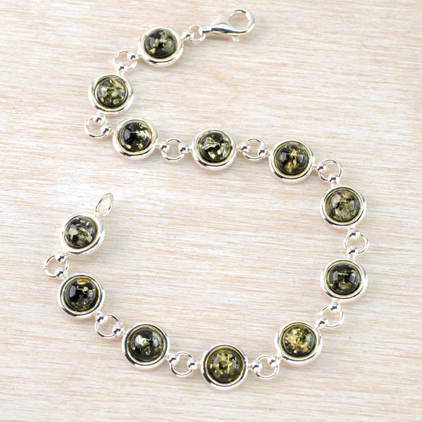 Classic Silver and Round Green Amber Bracelet.