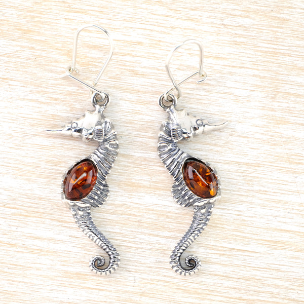 Silver and Amber Seahorse Earrings.