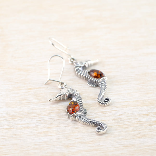 Silver and Amber Seahorse Earrings.