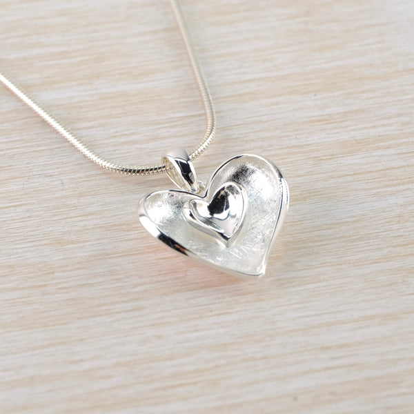 Textured Sterling Silver Double Layered Heart Pendant.