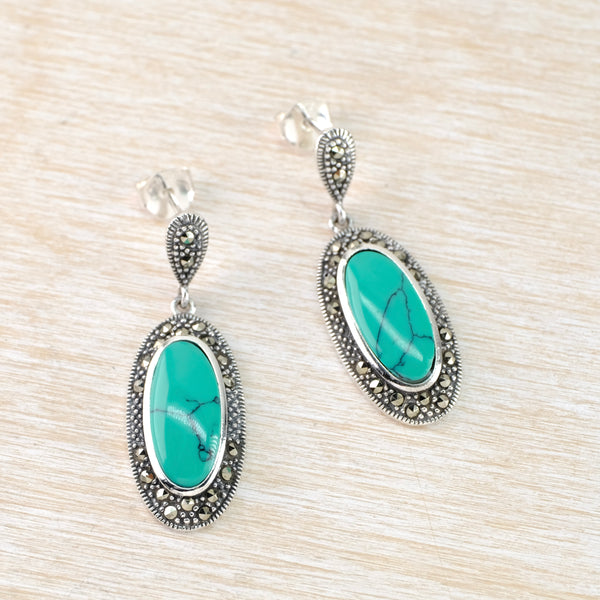 Silver, Marcasite and Turquoise Drop Earrings.