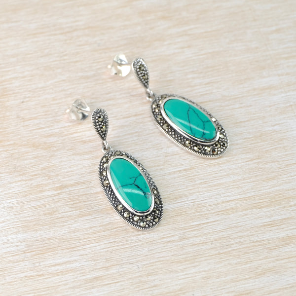 Silver, Marcasite and Turquoise Drop Earrings.