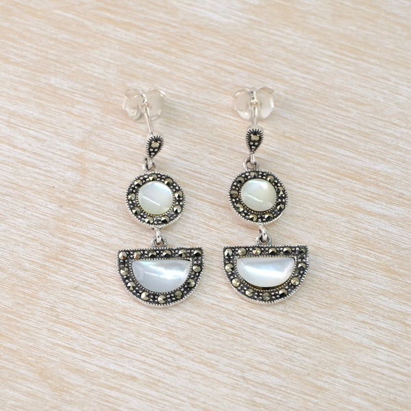 Art Deco Style Marcasite, Mother of Pearl and Silver Drop Earrings.