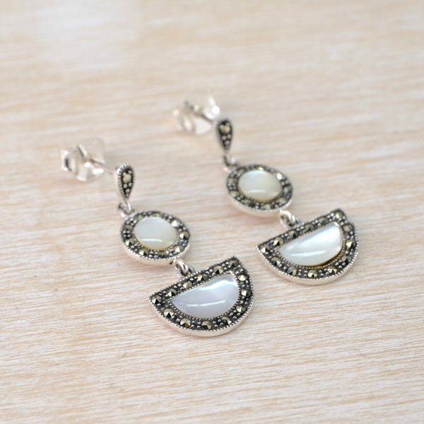 Art Deco Style Marcasite, Mother of Pearl and Silver Drop Earrings.