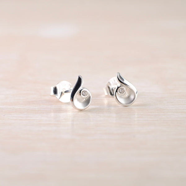 Satin Silver and Cz Semi Swirl Stud Earrings by JB Designs.