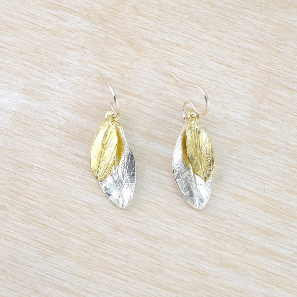 Dangling Leaves Gold Plated and Silver Earrings by JB Designs.