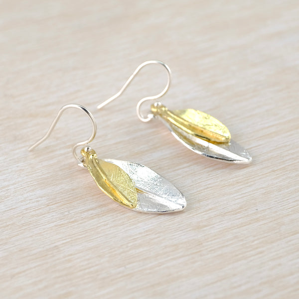 Dangling Leaves Gold Plated and Silver Earrings by JB Designs.