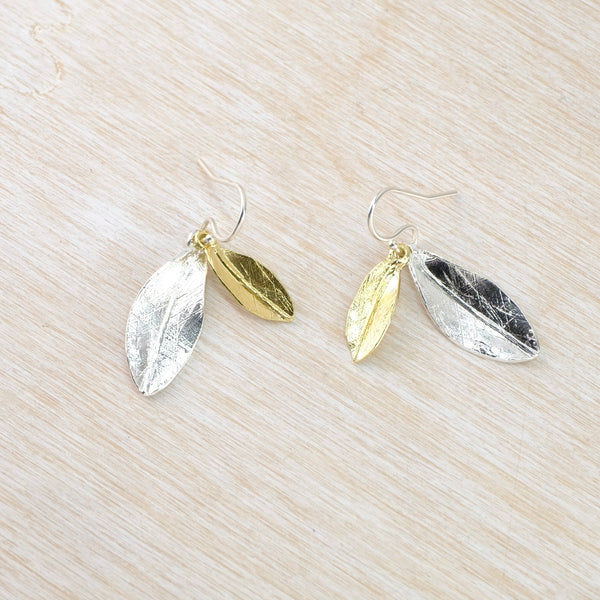 Dangling Leaves Gold Plated and Silver Earrings by JB Designs.