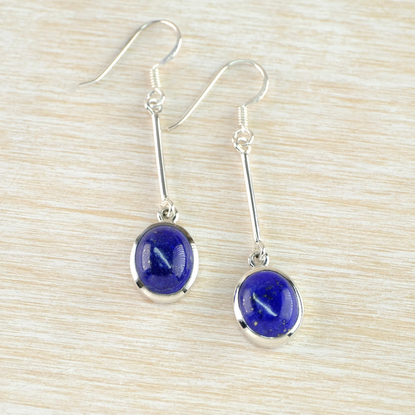 Oval Lapis Lazuli Earrings on a Long Sterling Silver Stem.