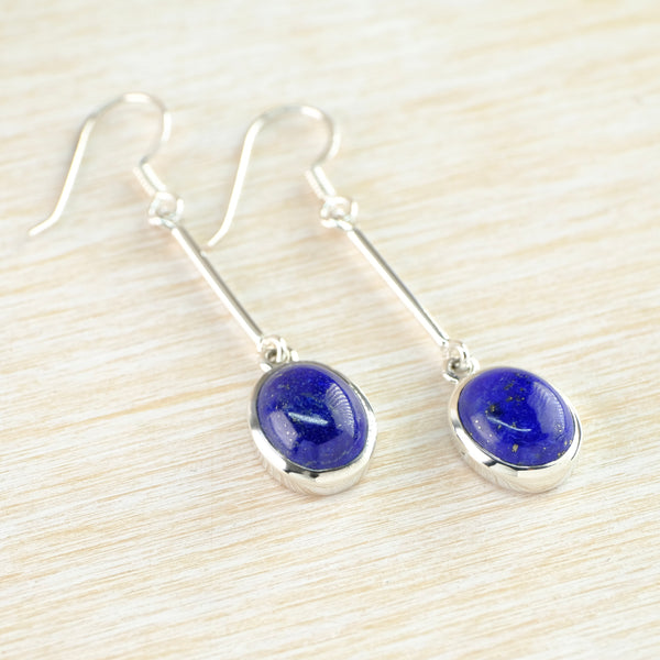 Oval Lapis Lazuli Earrings on a Long Sterling Silver Stem.