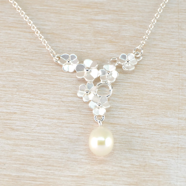 Satin Silver Flower and Fresh Water Pearl Necklace by 'JB Designs'.