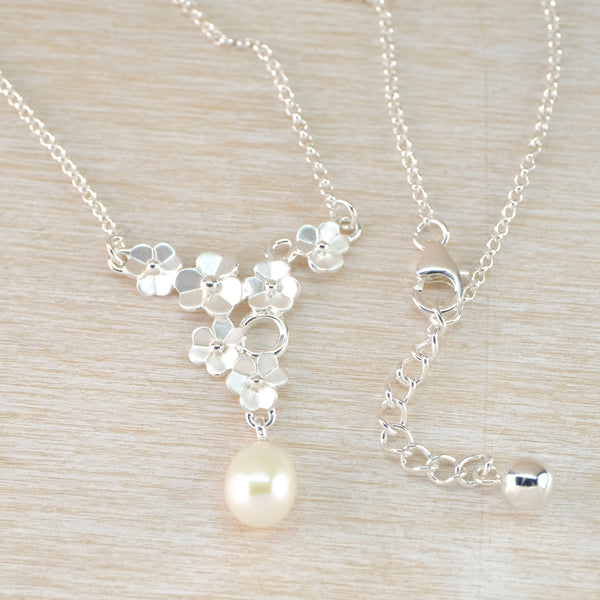 Satin Silver Flower and Fresh Water Pearl Necklace by 'JB Designs'.