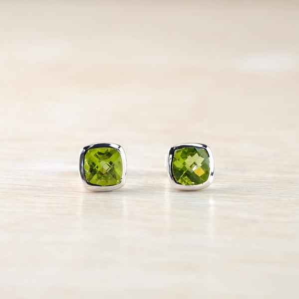 Simple Square Silver and Peridot Stud Earrings.
