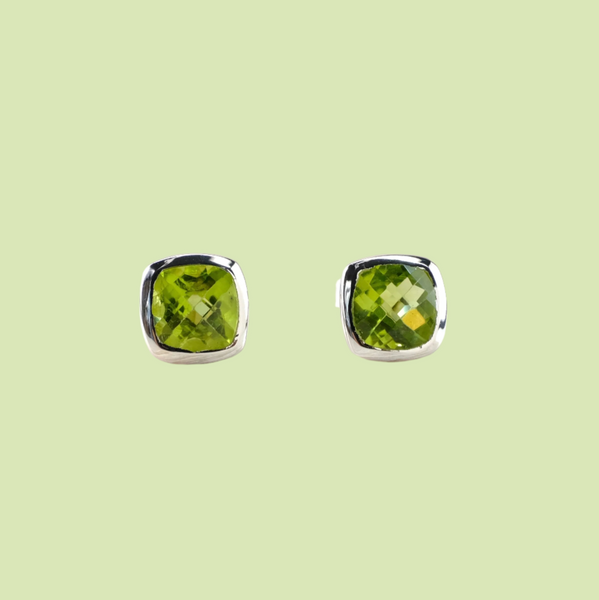 Simple Square Silver and Peridot Stud Earrings.