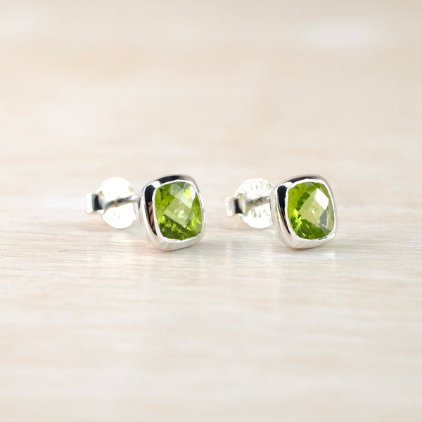 Simple Square Silver and Peridot Stud Earrings.