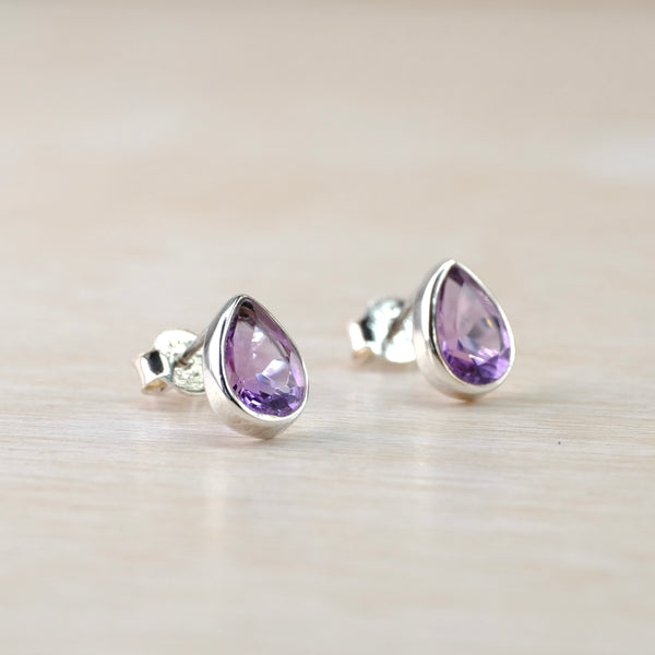 Silver and Amethyst Tear Drop Stud Earrings.