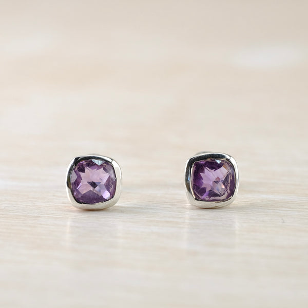 Square Silver and Faceted Amethyst Stud Earrings.