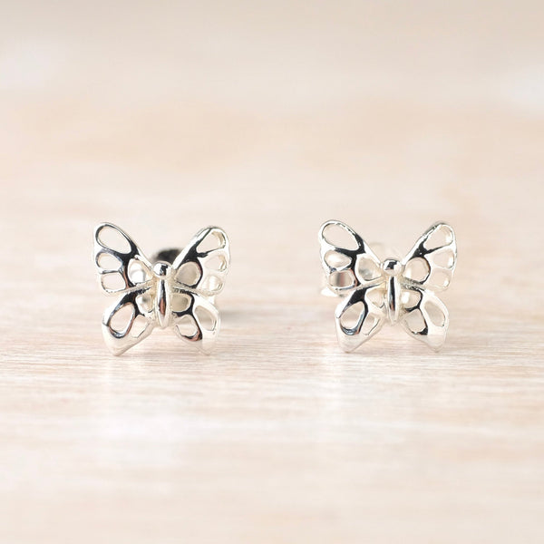 Open Pattern Sterling Silver Butterflies Stud Earrings.