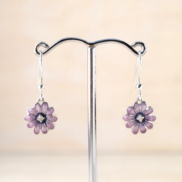 Purple Enamel and Diamond Daisy Earrings by Nicole Barr.