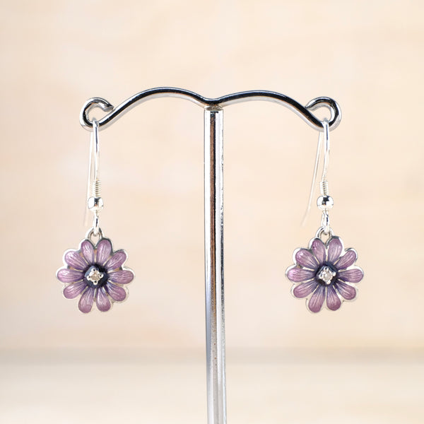 Purple Enamel and Diamond Daisy Earrings by Nicole Barr.