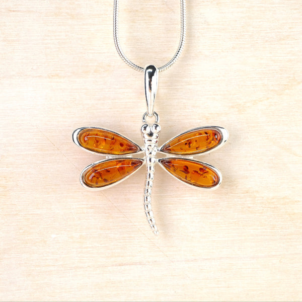 Silver and Amber Dragonfly Design Pendant.