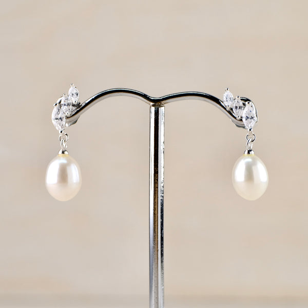 Silver, Cubic Zirconia and Freshwater Pearl Drop Earrings. by Jb Designs.