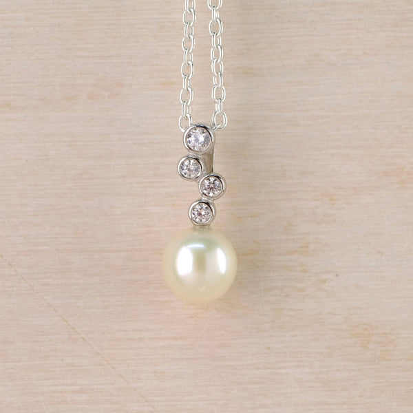 Sterling Silver, Pearl and Cubic Zirconia Pendant by JB Designs.