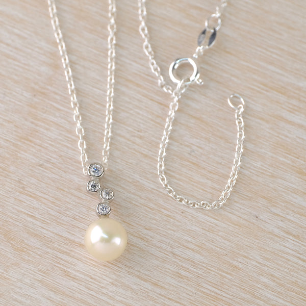 Sterling Silver, Pearl and Cubic Zirconia Pendant by JB Designs.