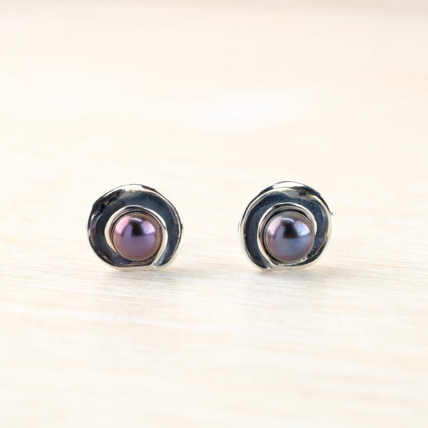 Round Silver and Peacock Pearl Stud Earrings.