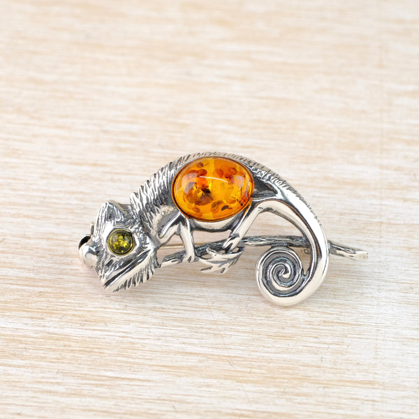 Silver and Amber Chameleon Design Brooch.