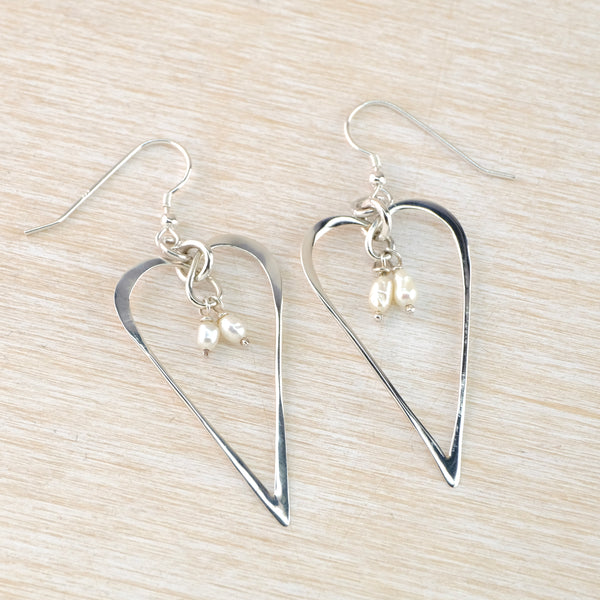 Contemporary Silver and Seed Pearl Heart Drop Earrings.