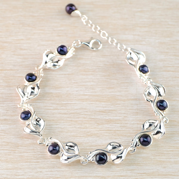 Sterling Silver and Black Pearl Linked Bracelet.