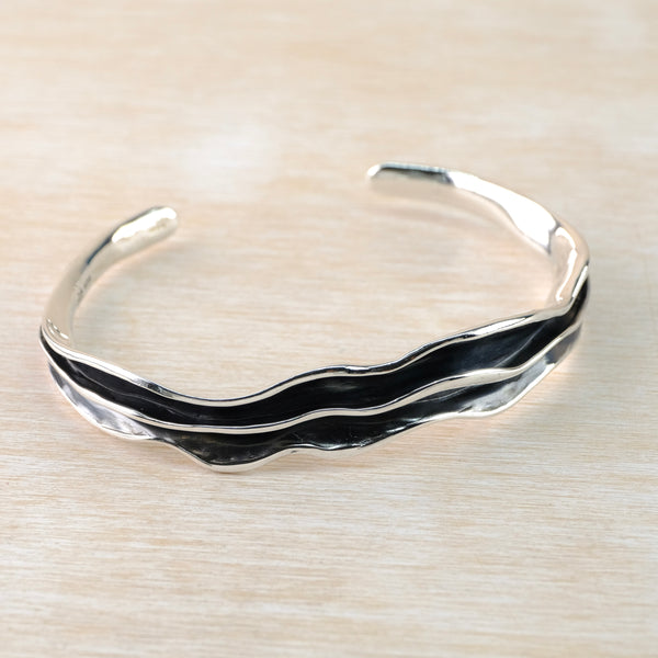 Heavy Oxidized Sterling Silver Torque Bangle Bracelet by JB Designs.