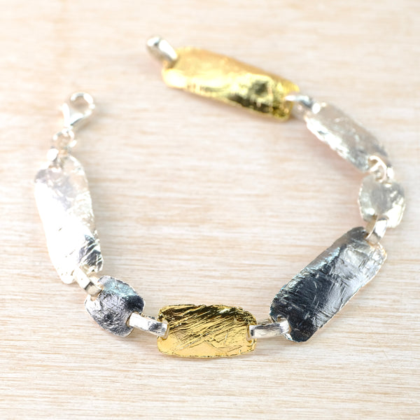 Three Colour Silver and Gold Plated Linked Bracelet by JB Designs.