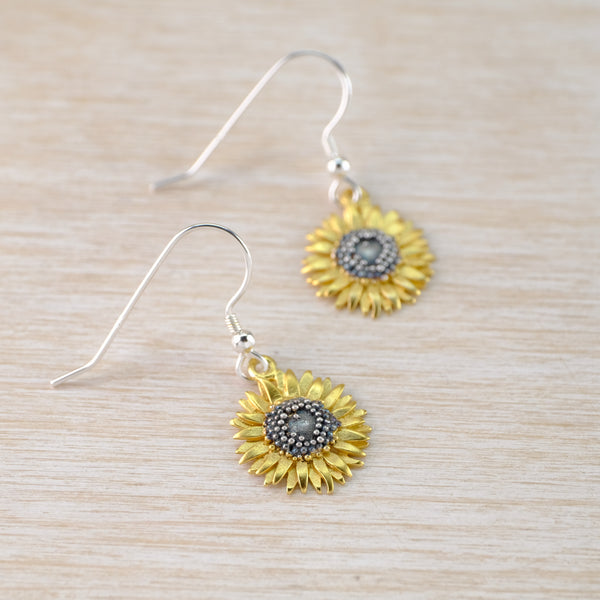 Handmade Silver and Gold Plated Sunflower Earrings by Sheena Mcmaster.
