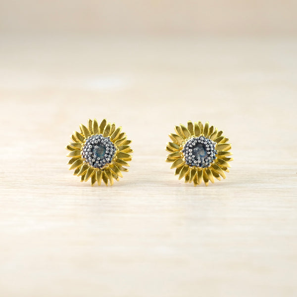 Handmade Silver and Gold Plated Sunflower Stud Earrings by Sheena McMaster.
