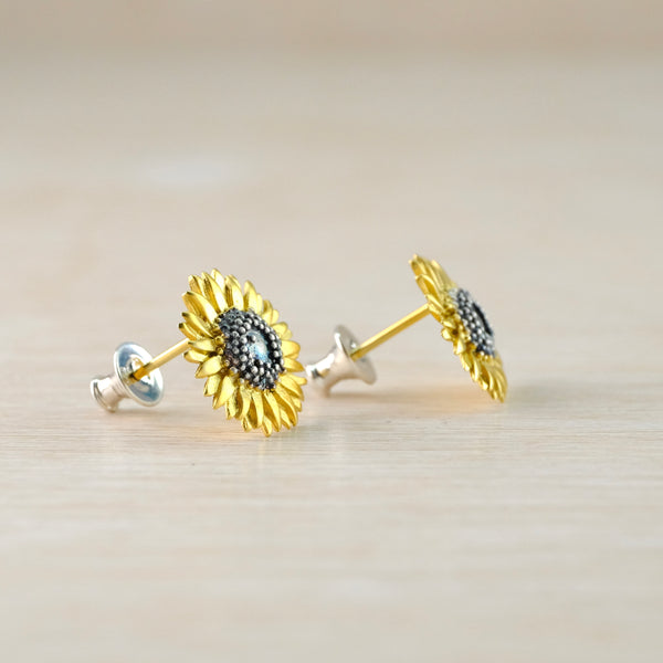 Handmade Silver and Gold Plated Sunflower Stud Earrings by Sheena McMaster.